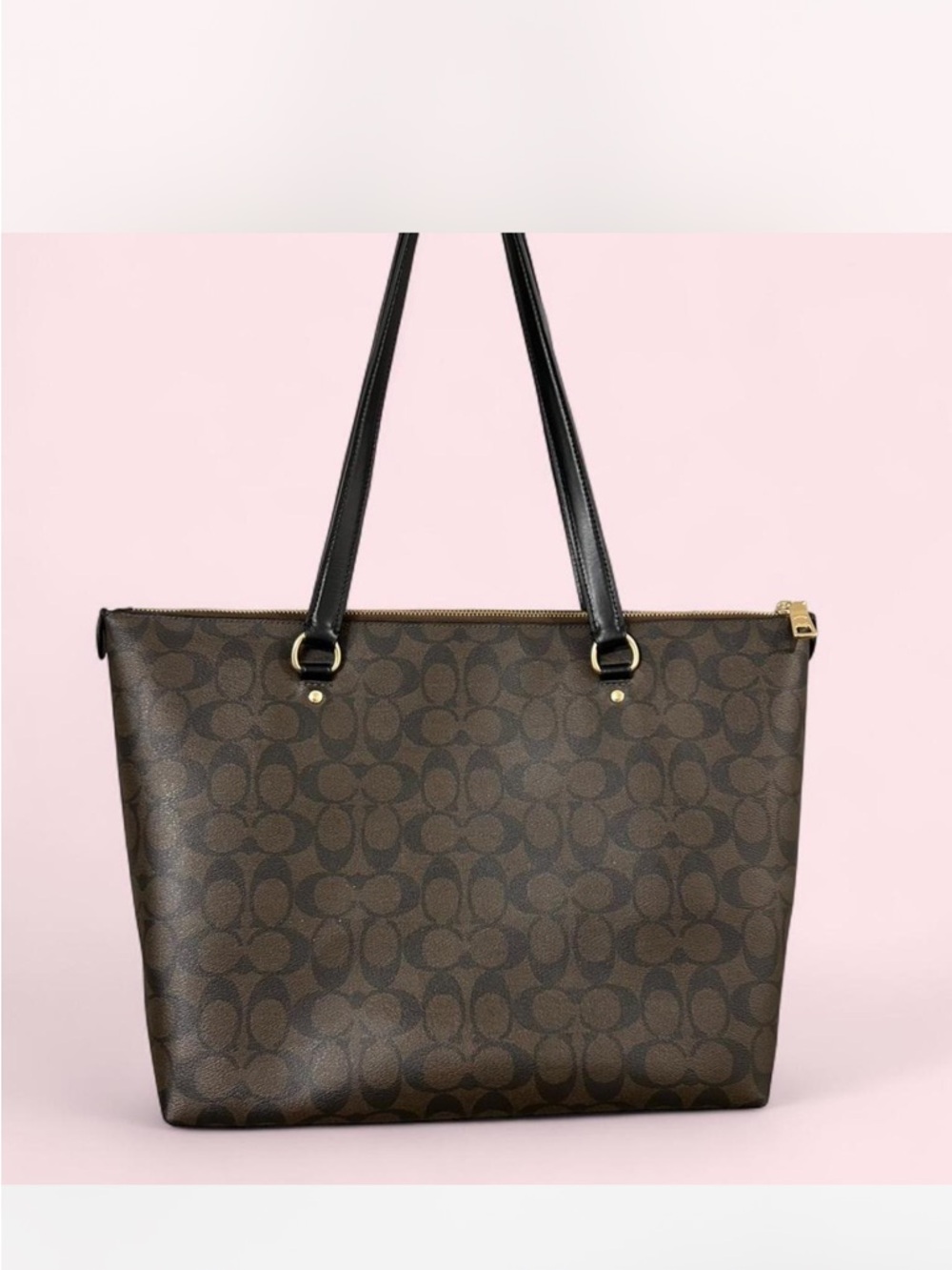 *SOLD* Coach Brown Signature Canvas Tote with Black Leather Straps - Picture 2 of 6